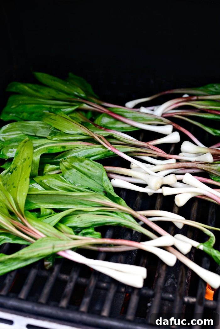 Charred Ramps Perfection 19 Ramps cooking on hot grill grates, showing slight charring
