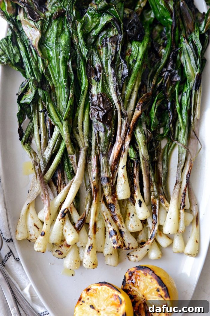 Charred Ramps Perfection 27 Close-up of a serving of grilled ramps, showcasing their tender texture