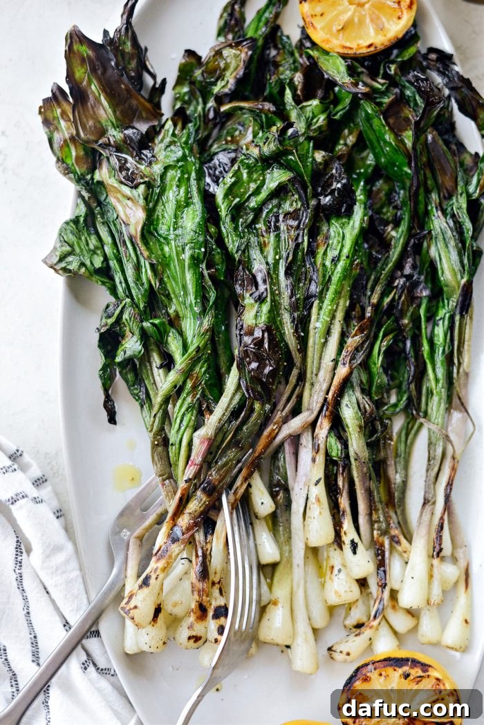 Charred Ramps Perfection 28 Beautifully presented grilled ramps with a focus on their fresh green leaves