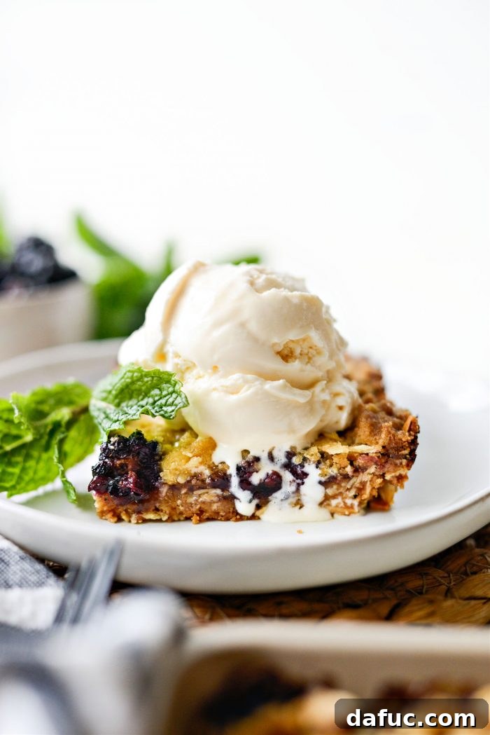 Blackberry Almond Crumble Bars 23 Blackberry Almond Streusel Bars served with a scoop of vanilla ice cream