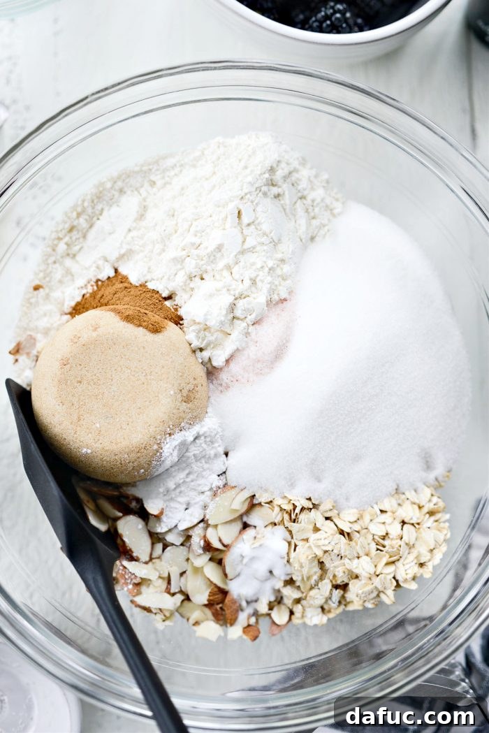 Blackberry Almond Crumble Bars 5 Dry ingredients for streusel mixed in a large bowl