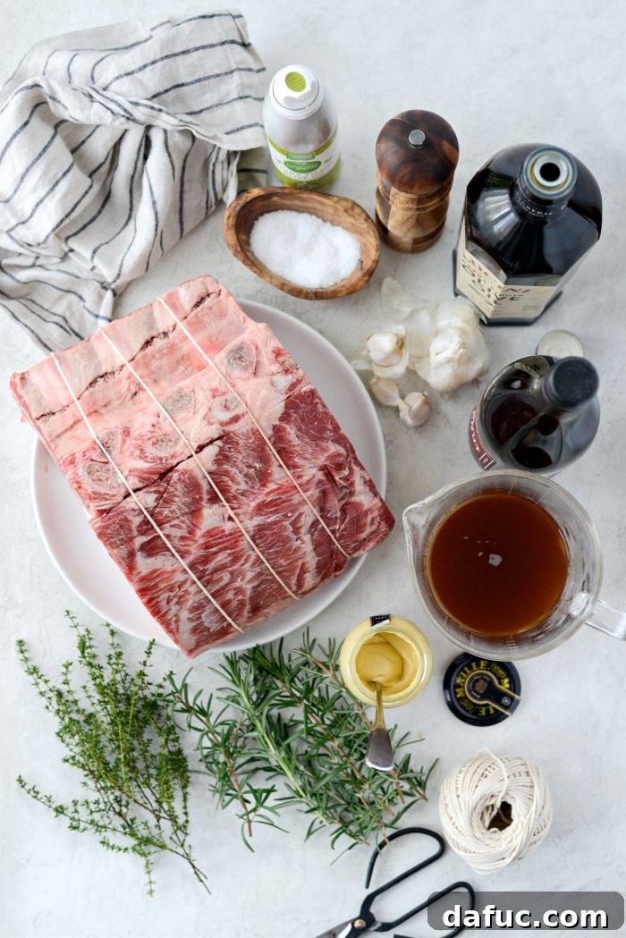 Rosemary Dijon Crusted Prime Rib with Pinot Noir Au Jus 4 Dijon Rosemary Crusted Prime Rib ingredients laid out.