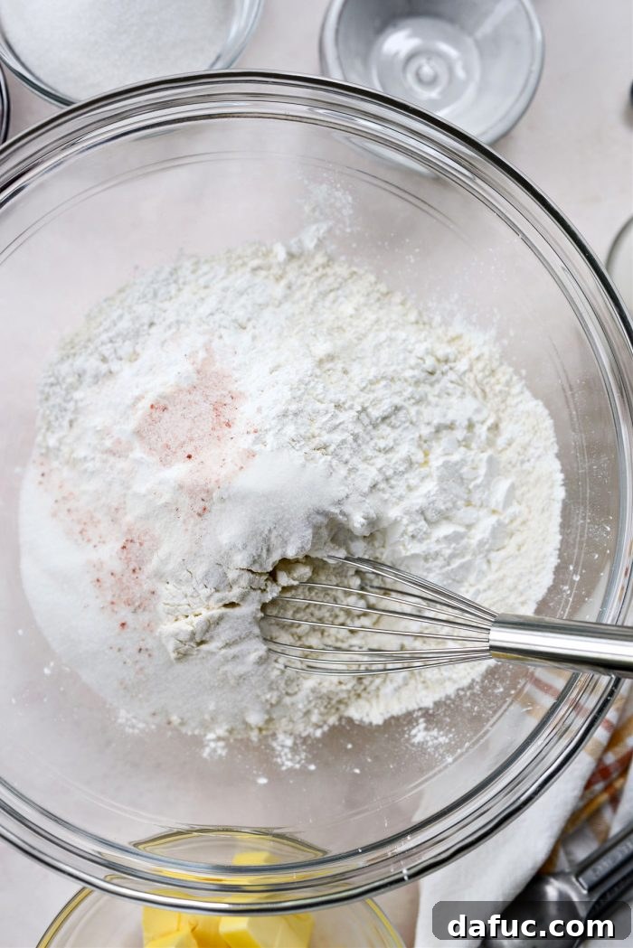 Dry ingredients for shortcake biscuits mixed in a bowl.