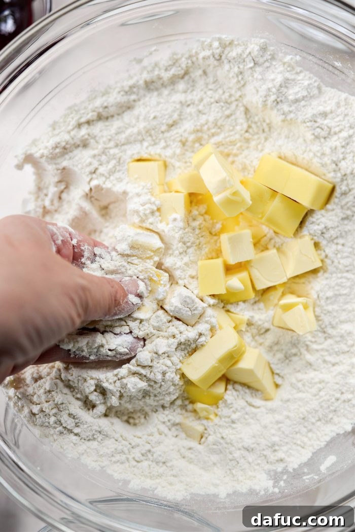 Rubbing butter into flour mixture with hands to create pea-sized crumbs.