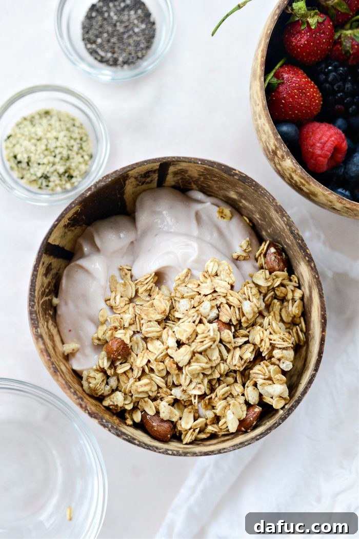 Decadent Strawberry Cheesecake Granola Bowl 9 Top the strawberry cheesecake mixture with crunchy granola