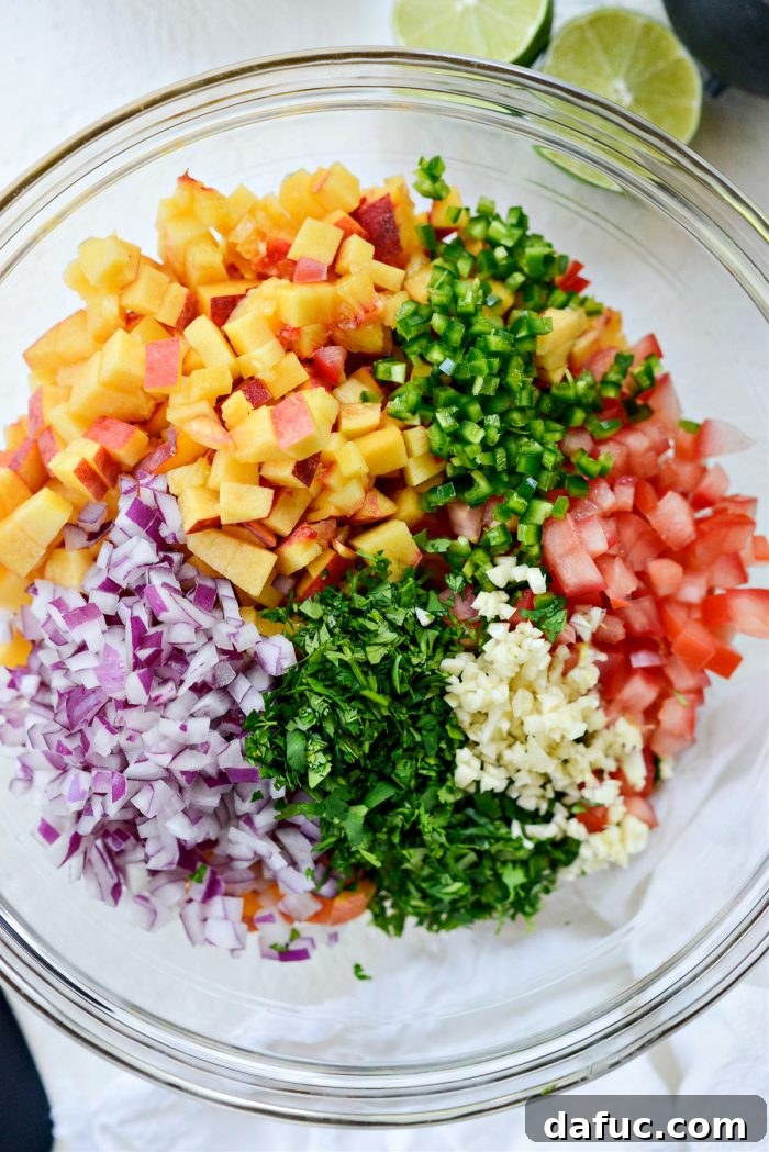 Summer Peach Salsa 5 ingredients diced and added to a large bowl.