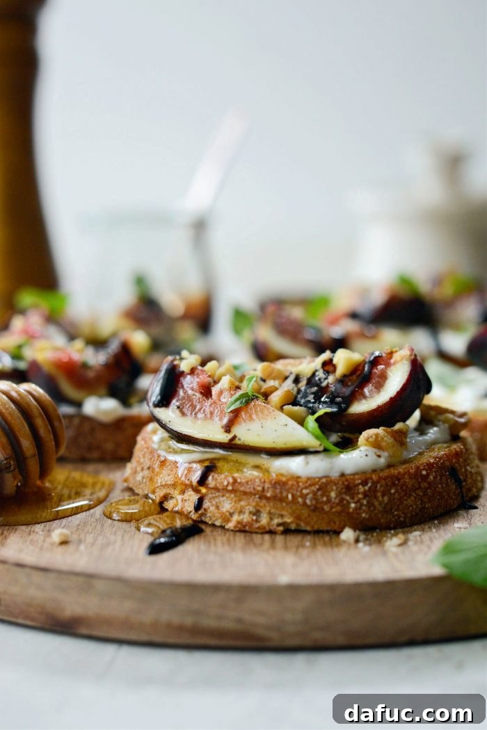 A collection of Honey Balsamic Fig and Burrata Crostini, beautifully plated and ready to be enjoyed, perfect for entertaining.