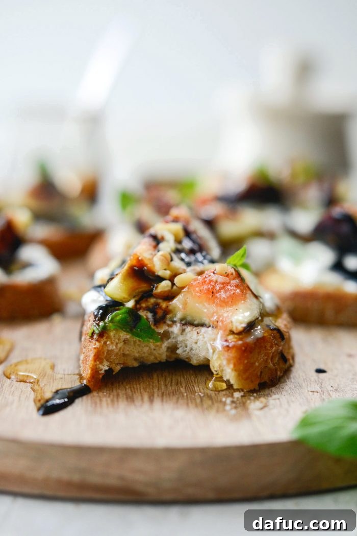 A final shot of Honey Balsamic Fig and Burrata Crostini, emphasizing its appeal