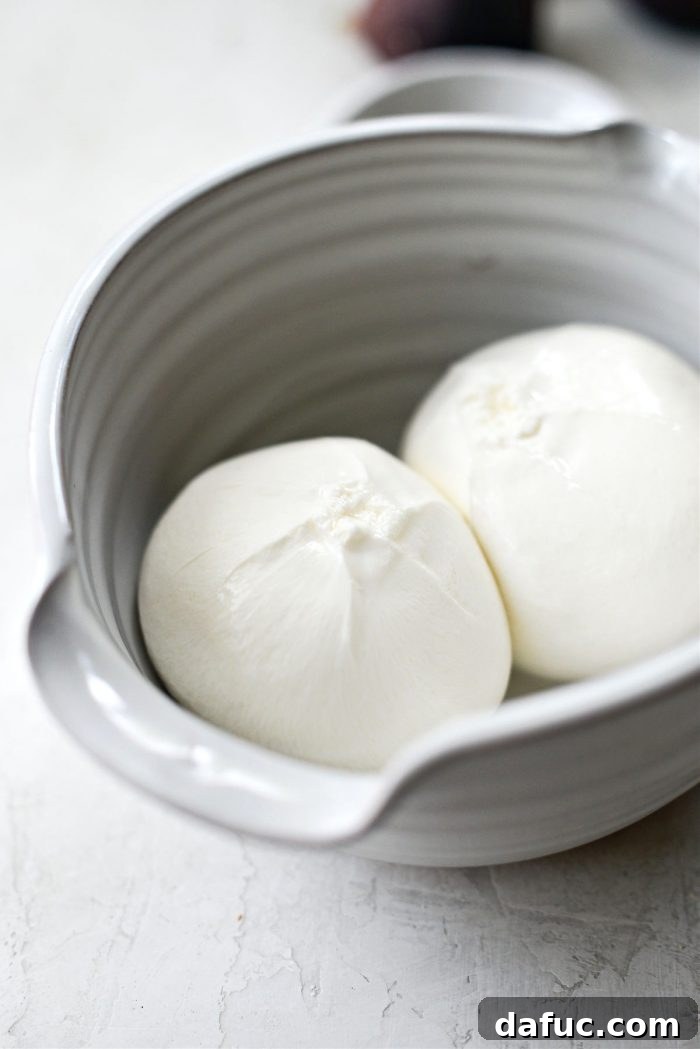 A bowl of fresh burrata cheese, perfectly softened and ready to be spread, against a rustic background.