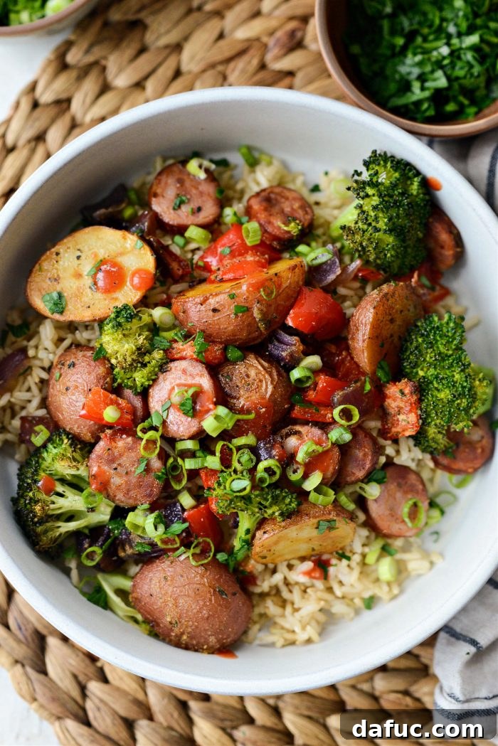 Sheet Pan Andouille Sausage and Vegetables, ready to serve