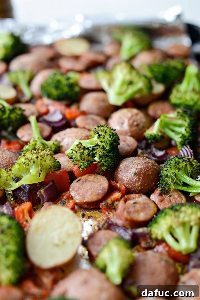 Roasted Sheet Pan Andouille Sausage and Vegetables just out of the oven