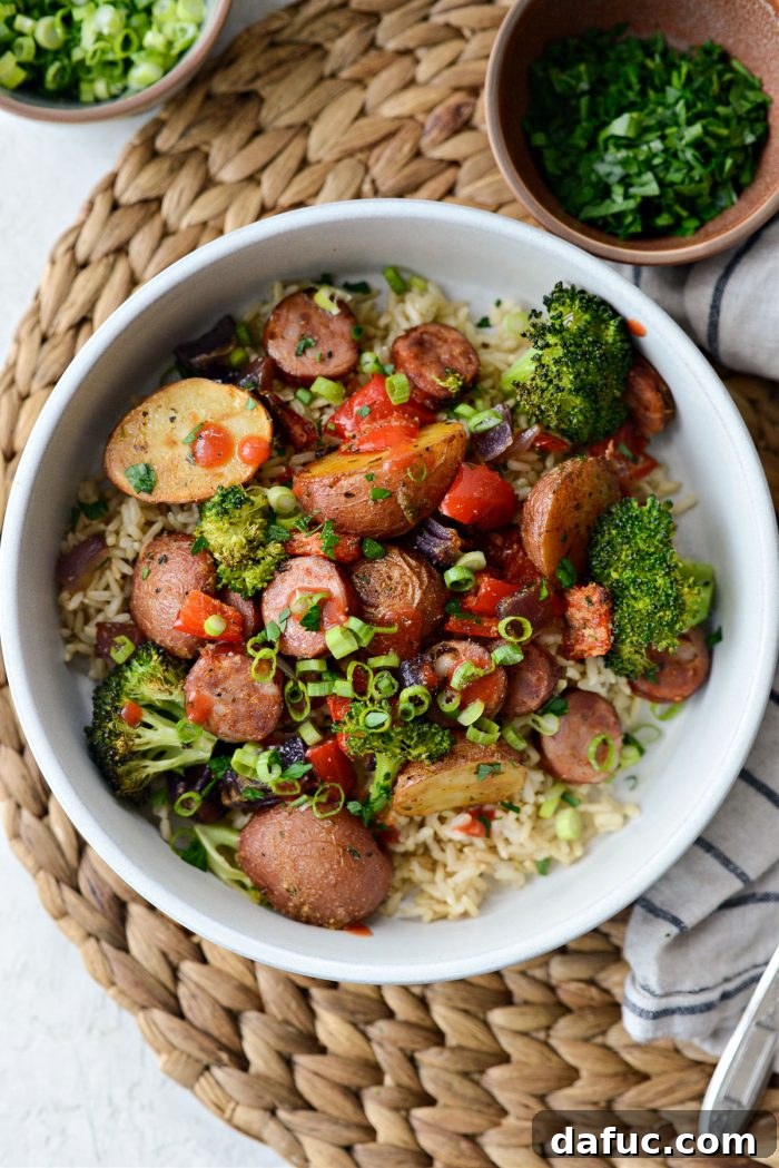 Close-up of Sheet Pan Andouille Sausage and Vegetables