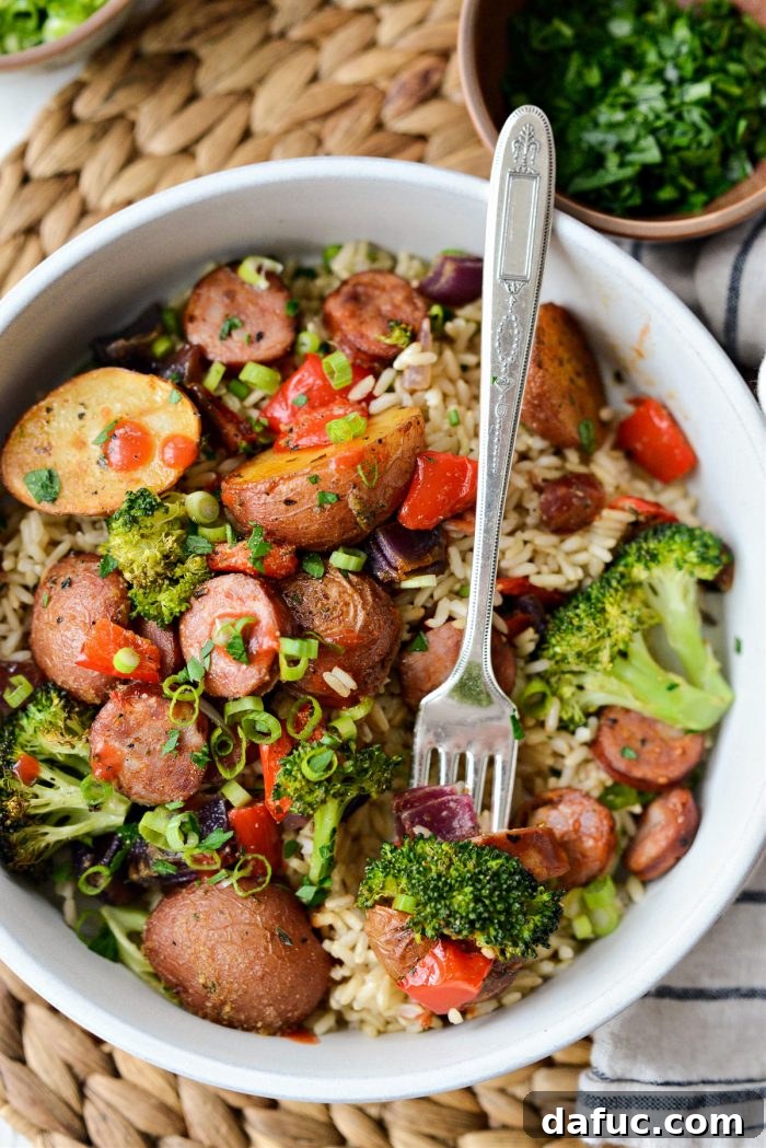 Another view of Sheet Pan Andouille Sausage and Vegetables