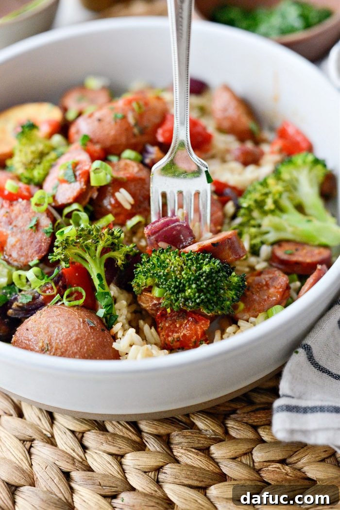Final plated shot of Sheet Pan Andouille Sausage and Vegetables