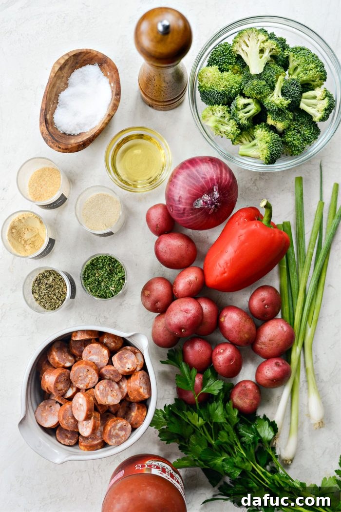 Ingredients for Sheet Pan Andouille Sausage and Vegetables laid out