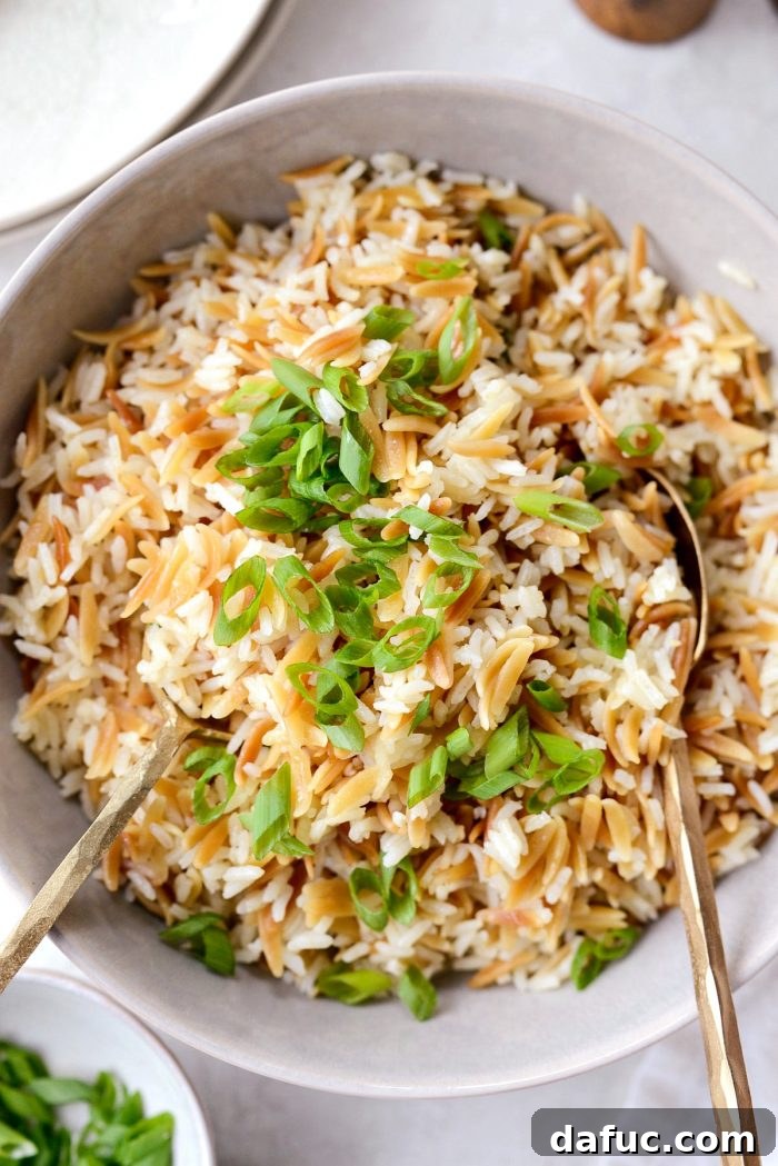 Overhead shot of a bowl of fluffy rice pilaf, garnished with green onions and ready to eat