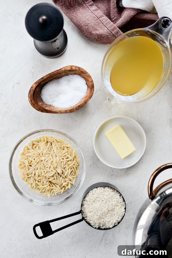 Close-up of golden orzo pasta and long-grain rice, ready for cooking in a buttery pilaf