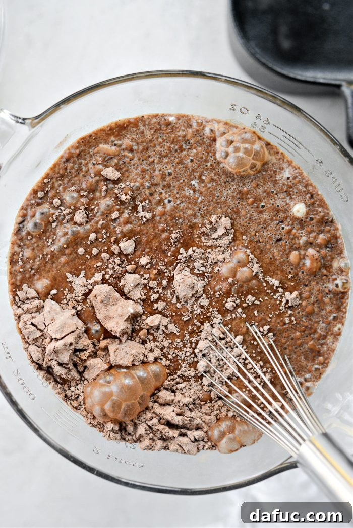 Decadent Chocolate Garden Delight 14 Gently whisking wet and dry ingredients together to form cake batter