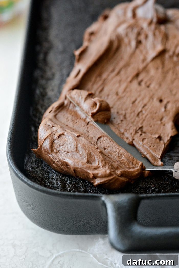 Decadent Chocolate Garden Delight 24 Spreading chocolate frosting smoothly and evenly across the cake surface