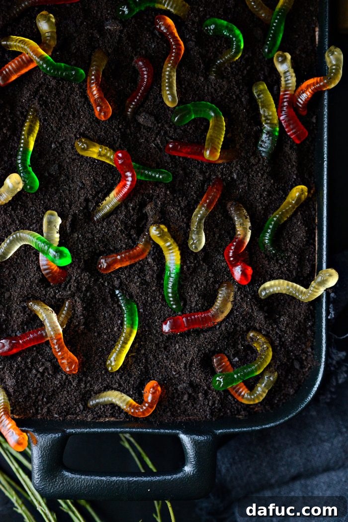 Decadent Chocolate Garden Delight 27 Finished Chocolate Dirt Cake with numerous gummy worms creating a realistic dirt effect