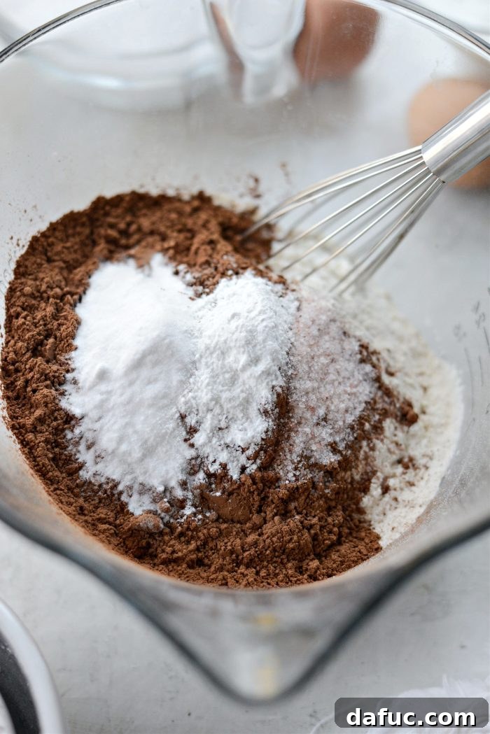 Decadent Chocolate Garden Delight 6 Dry ingredients for chocolate cake measured in a large mixing bowl