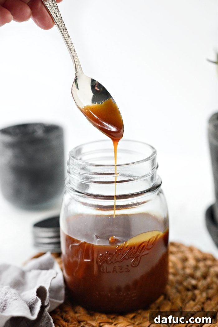 Thickened Caramel Brûlée Sauce in a jar after refrigeration