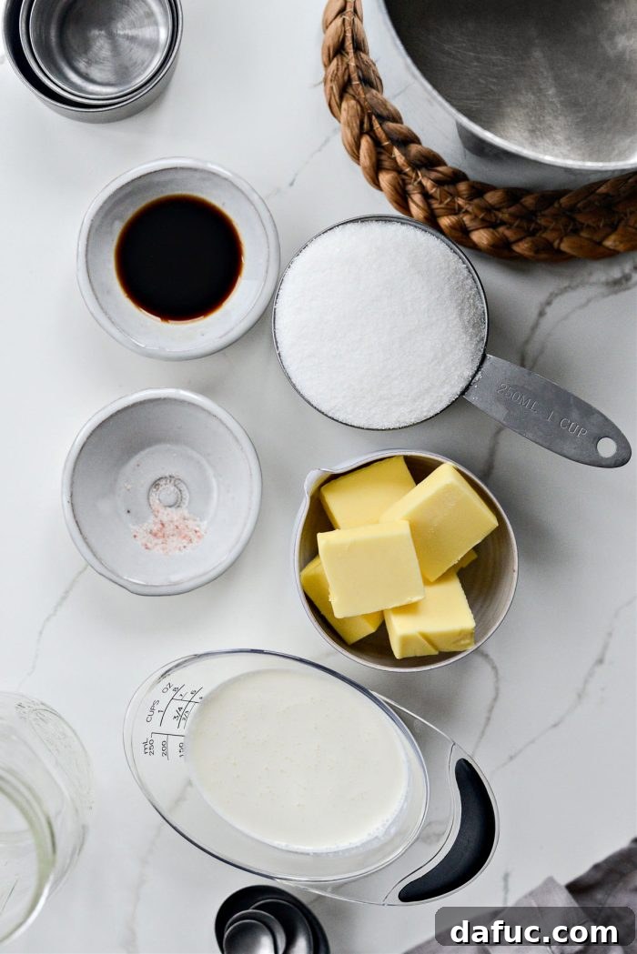 Ingredients laid out for Caramel Brûlée Sauce preparation