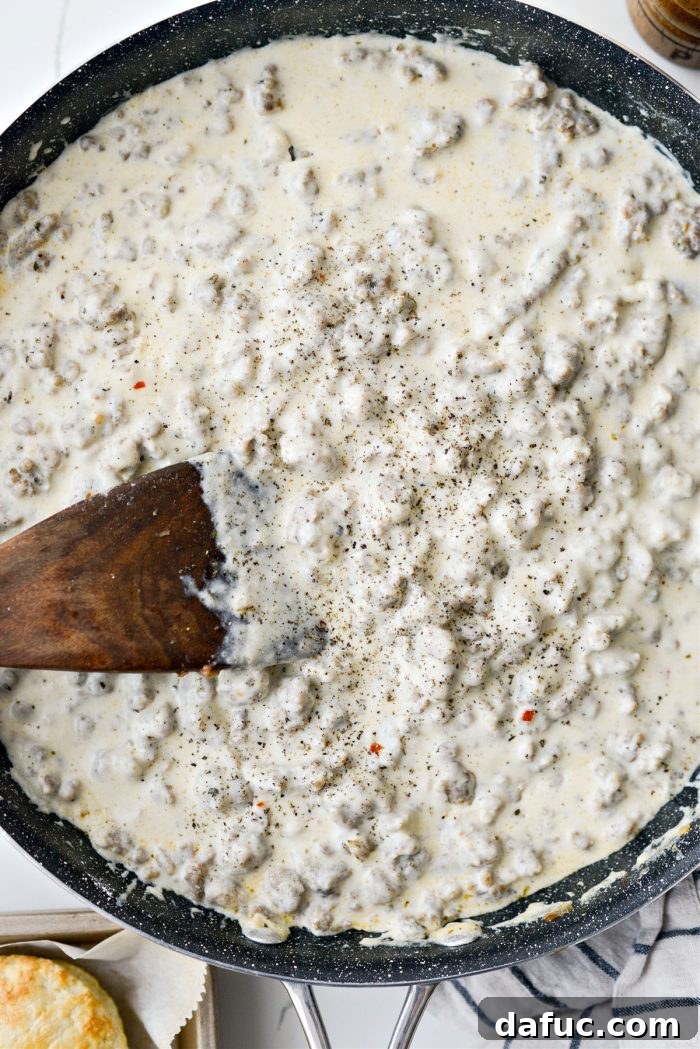 Spicy Farmhouse Breakfast Sausage Gravy 17 season with black pepper and more pepper flakes if needed