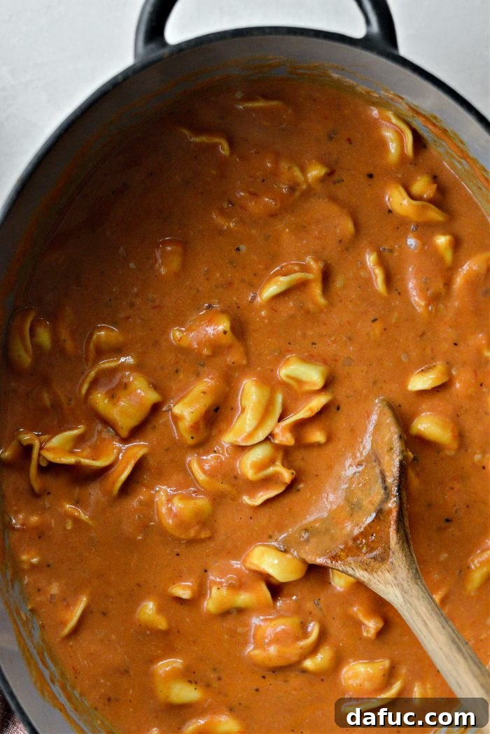 The Tortellini Pasta alla Vodka Soup warming through on low heat.