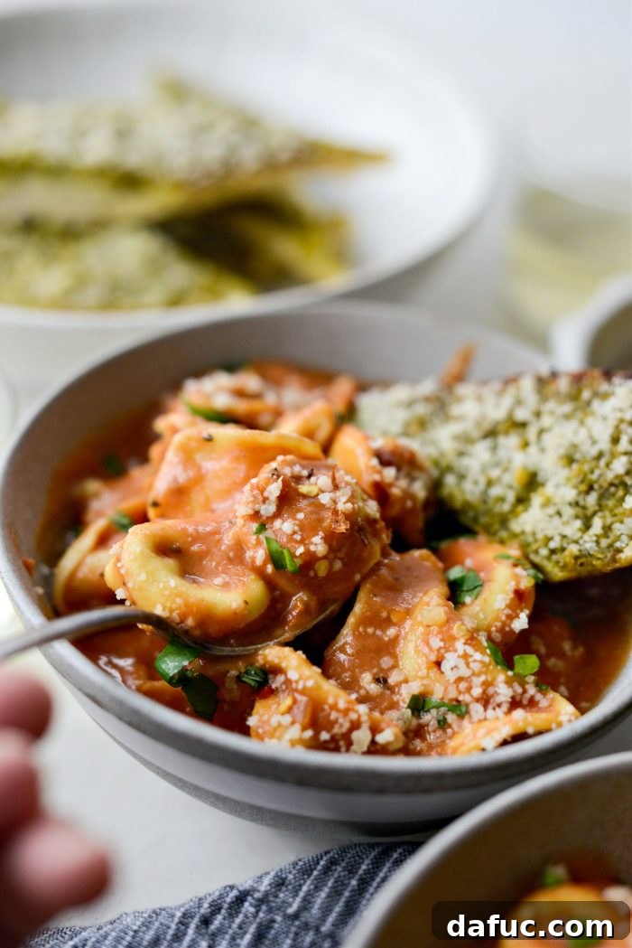 A close-up of a bowl of Tortellini Pasta alla Vodka Soup, showcasing the cheesy tortellini and creamy texture.