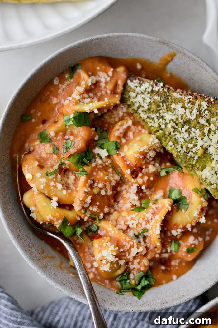 Another enticing shot of Tortellini Pasta alla Vodka Soup, emphasizing its rich texture.
