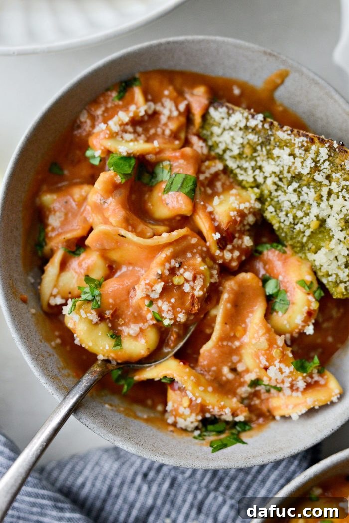 A final close-up of the Tortellini Pasta alla Vodka Soup in a serving bowl.