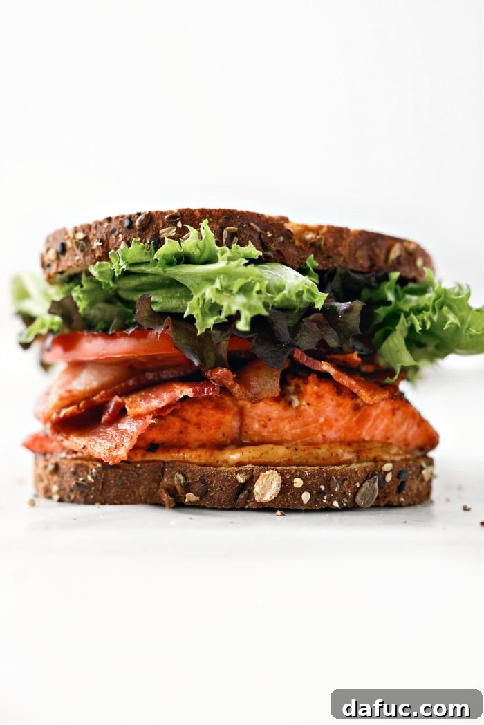 Chipotle-Kissed Salmon BLT 15 A finished Smoky Chipotle Salmon BLT sandwich ready to eat