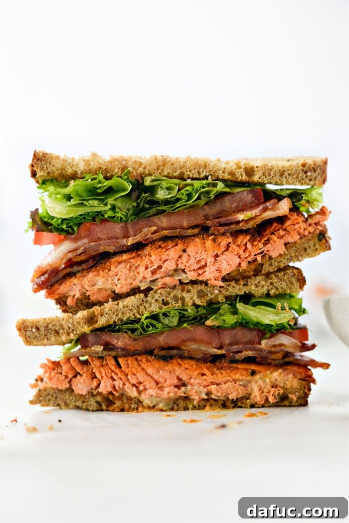 Chipotle-Kissed Salmon BLT 3 Close-up of a perfectly constructed Smoky Chipotle Salmon BLT