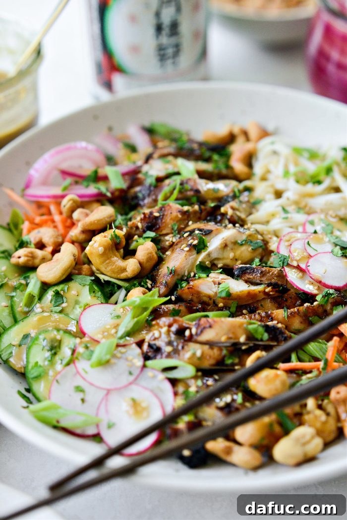Savory Sesame Grilled Chicken Noodle Bowls 3 A beautifully presented chilled noodle bowl with chicken, noodles, cashews, and cucumber