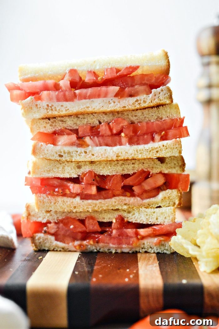A beautifully assembled Classic Tomato Sandwich, showcasing thick slices of ripe red tomato and creamy mayonnaise between soft bread.