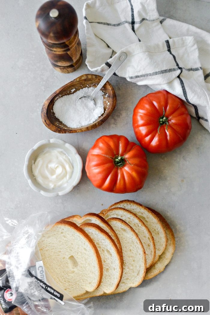 Essential ingredients for a Classic Tomato Sandwich laid out: fresh tomatoes, bread, mayonnaise, salt, and pepper.