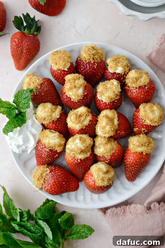 Creamy Strawberry Cheesecake Bites 13 Plate of finished Cheesecake Filled Strawberries, ready to serve