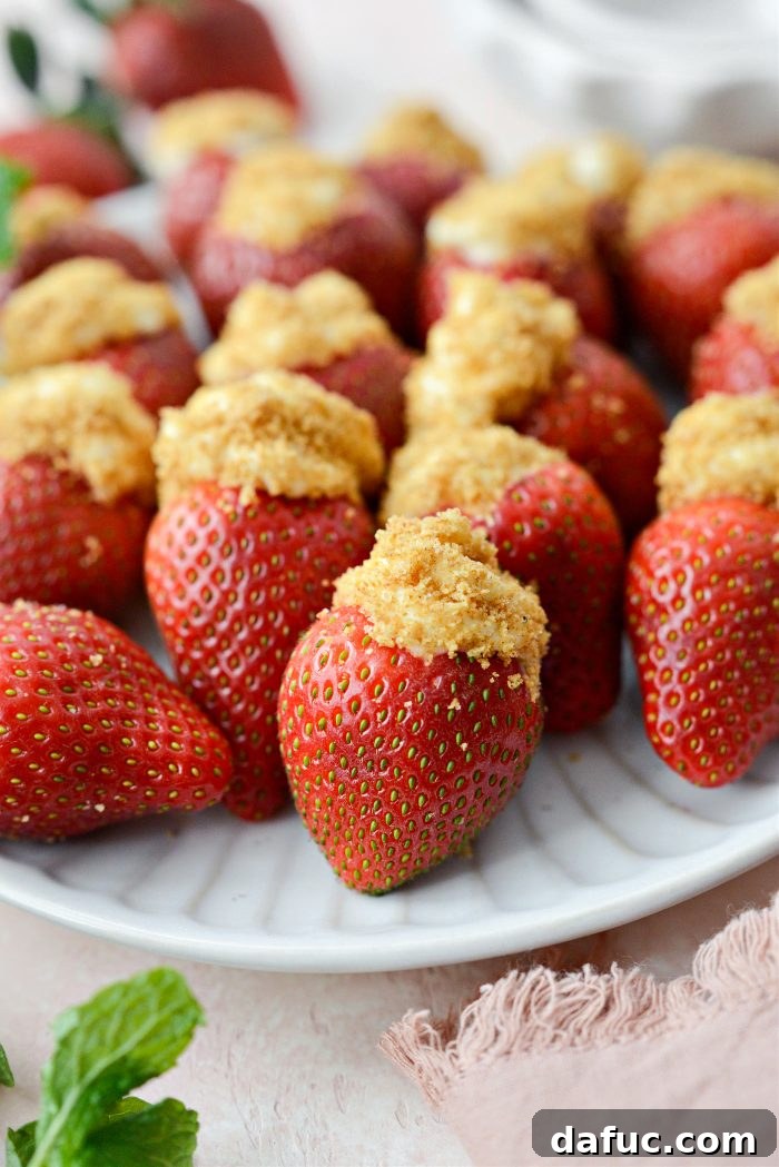 Creamy Strawberry Cheesecake Bites 15 Serving platter with numerous Cheesecake Filled Strawberries