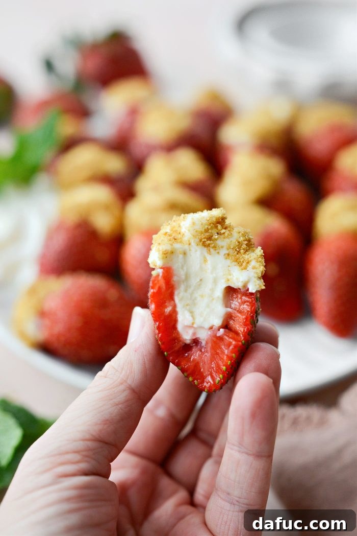 Creamy Strawberry Cheesecake Bites 16 Artistic close-up of a Cheesecake Filled Strawberry