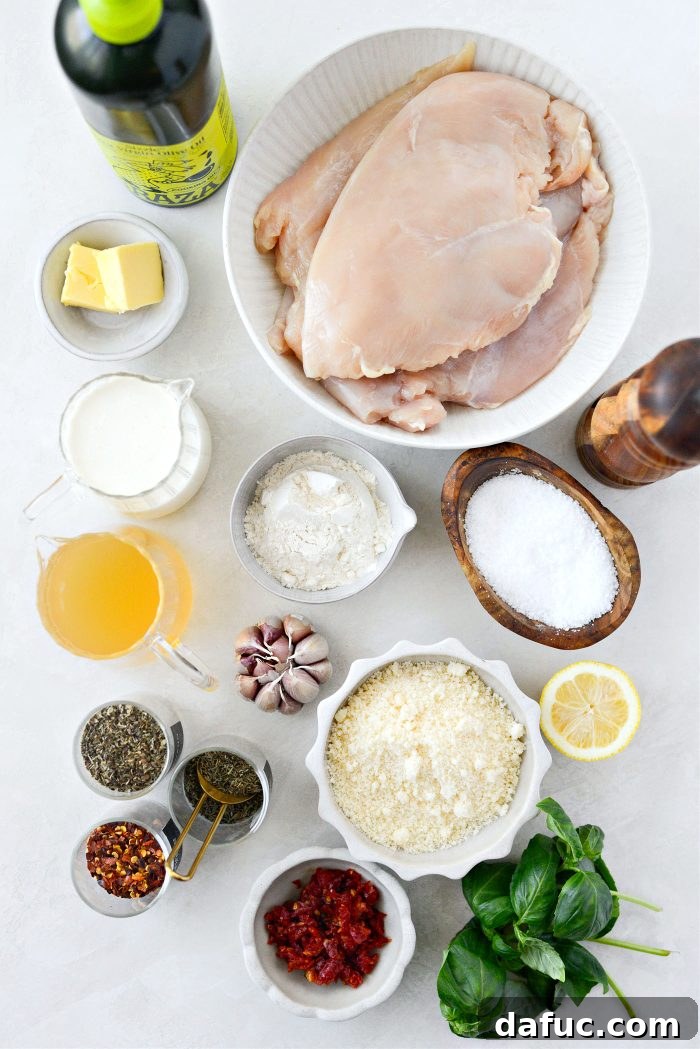 The I Do Chicken 4 Key ingredients for Marry Me Chicken, including herbs, tomatoes, and cheese