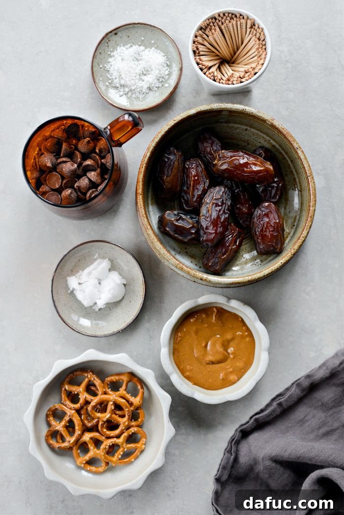 Five-Star Stuffed Dates 3 Ingredients for Take 5 Stuffed Dates: dates, peanut butter, pretzels, chocolate, coconut oil, and salt