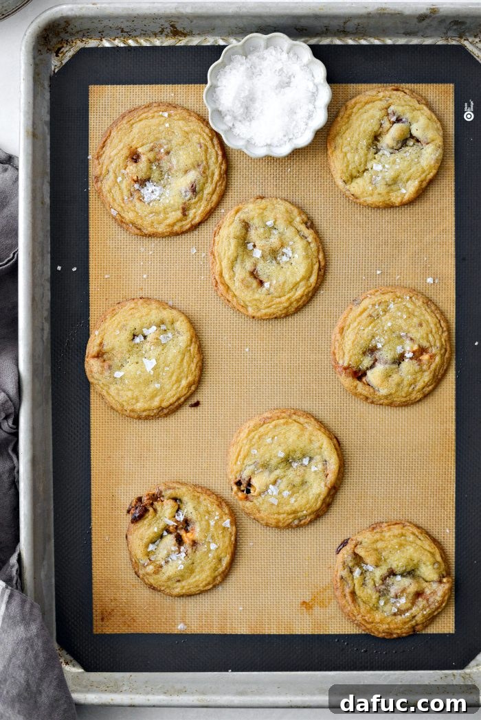 Baked Salted Snickers Cookies on a baking sheet