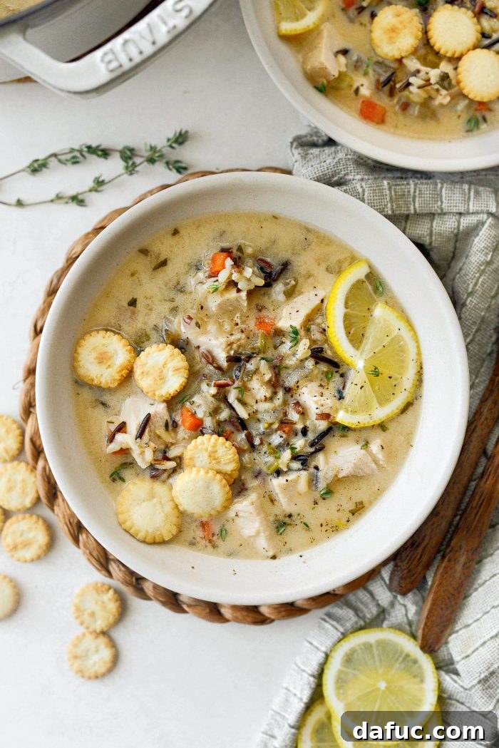 Turkey Lemon Wild Rice Soup served in a rustic bowl.