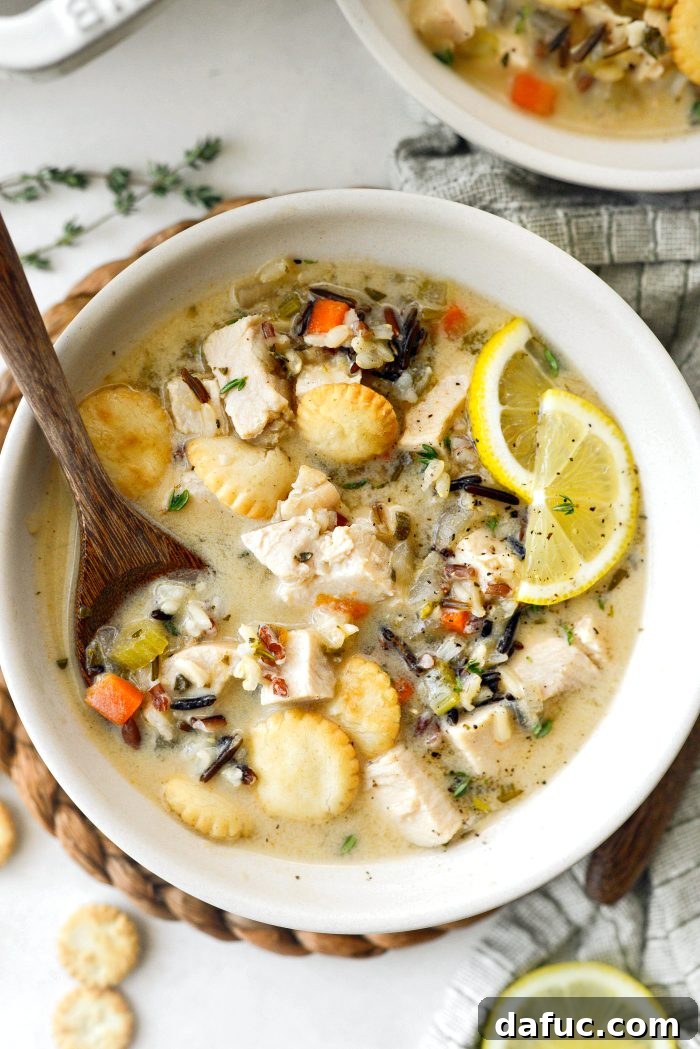 Close-up of Turkey Lemon Wild Rice Soup.