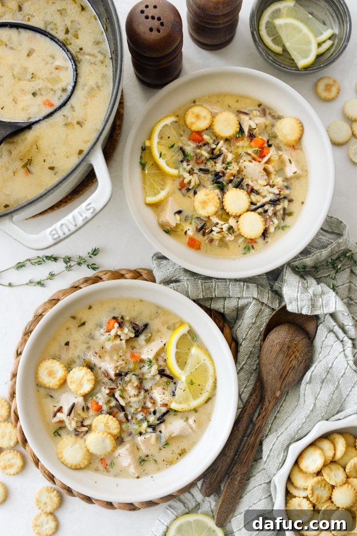 Another view of Turkey Lemon Wild Rice Soup in a bowl.