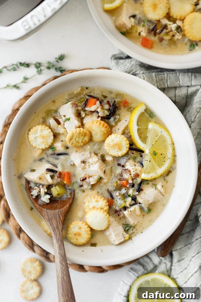 A final close-up shot of the Turkey Lemon Wild Rice Soup.