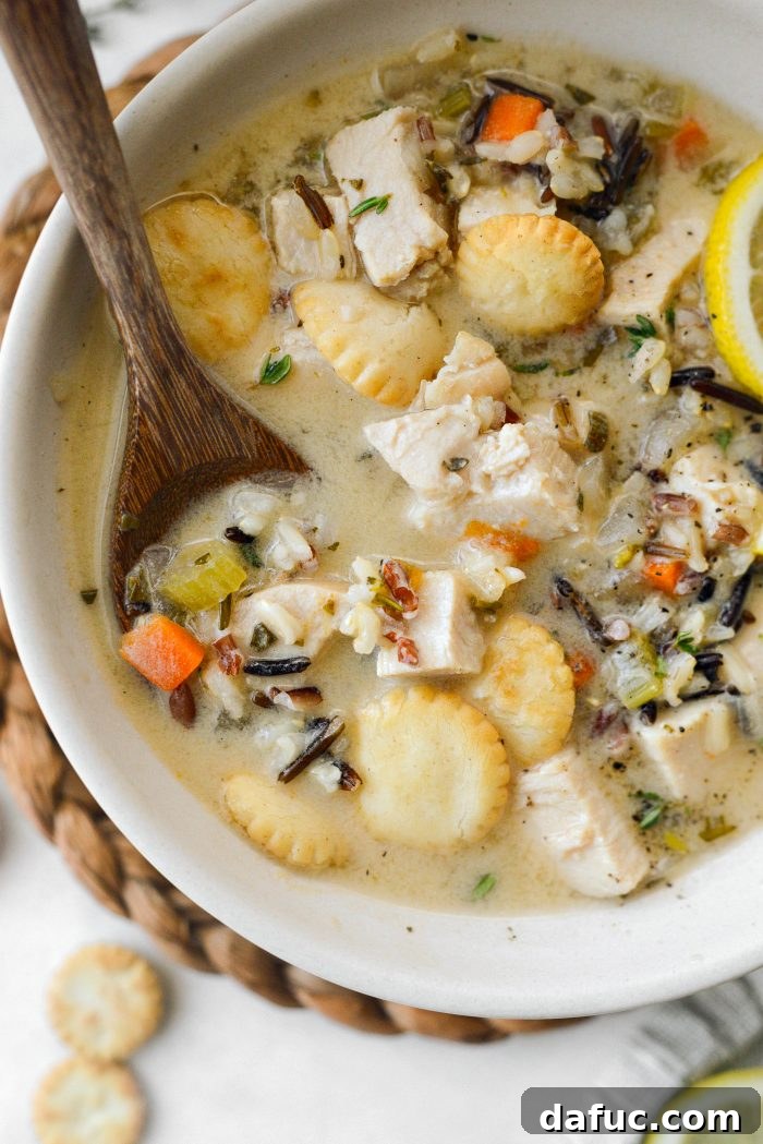 Turkey Lemon Wild Rice Soup, ready to be enjoyed.