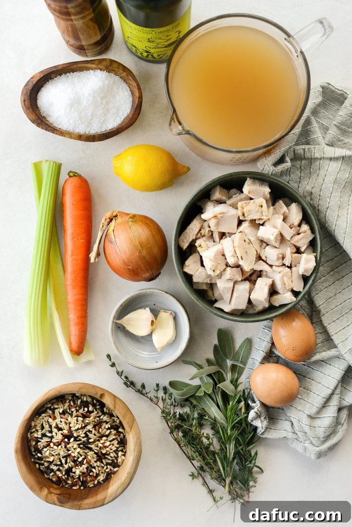 Ingredients for Turkey Lemon Wild Rice Soup laid out on a counter.