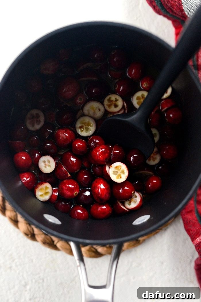 Fresh cranberries, orange juice, and maple syrup in a saucepan, ready to be cooked into a relish.